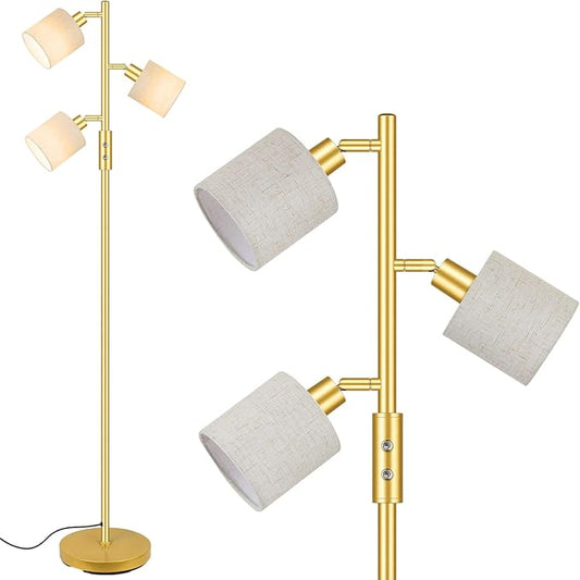 Gold Floor Lamps for Living Room, 3 Color Temperature, 3 Light Tree Standing Lamp, Minimalist Corner Floor Lamp with Lamp Shades Modern Pole Lamp for Bedroom Office Kids Room, Reading (5W LED Bulbs)