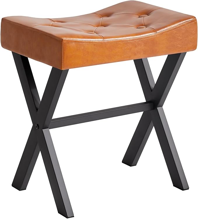 IBUYKE U-Shaped PU Vanity Stool, Square Makeup Chair with X-Leg, Ottoman Seat Footrest Stool, Multi-Use as Small Side Table, for Bedroom, Living Room, Light Brown WBD019J