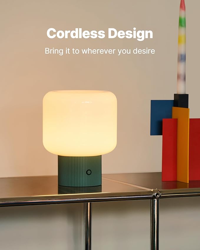 Halo Mushroom Lamp, 5W Cute Cordless Rechargeable Table Lamp with Glass Shade, 3 Color Temps LED Dimmable Ambient Lighting, Small Retro Touch Bedside Light for Bedroom Decor, Vintage Green