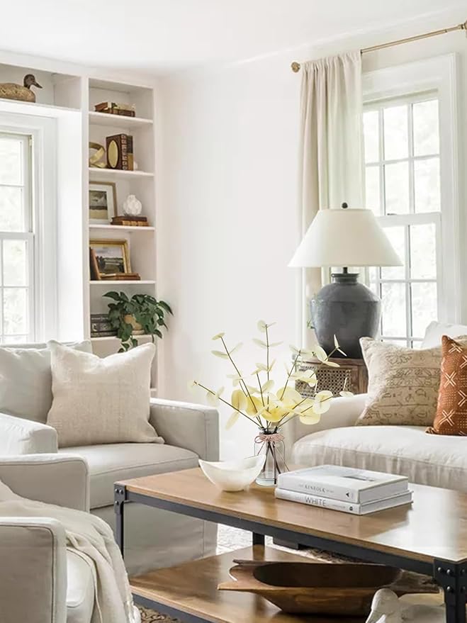 Artificial Eucalyptus Stems in Glass Vase with Faux Water, 14" Fake Plants for Home Decor, Coffee Table Centerpieces, Office, Bathroom & Farmhouse Weddings - Faux Plants Decorations