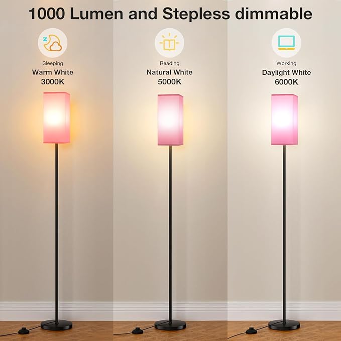 Ambimall Remote Control Floor Lamp, Stepless Dimmable, 64 Inches Tall, Include 9W Bulb, Standing Lamp for Living Room Bedroom Office (Pink & Black)