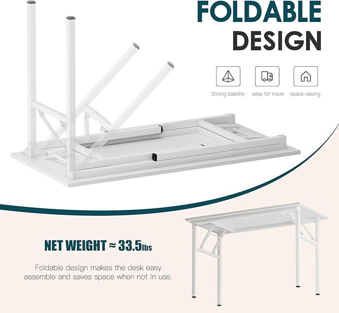 DlandHome Computer Desk 47’’ with LED Lights & Power Outlets,Folding Desk with Monitor Stand, Writing Desk Home Office Desk, Fully Assembled,White