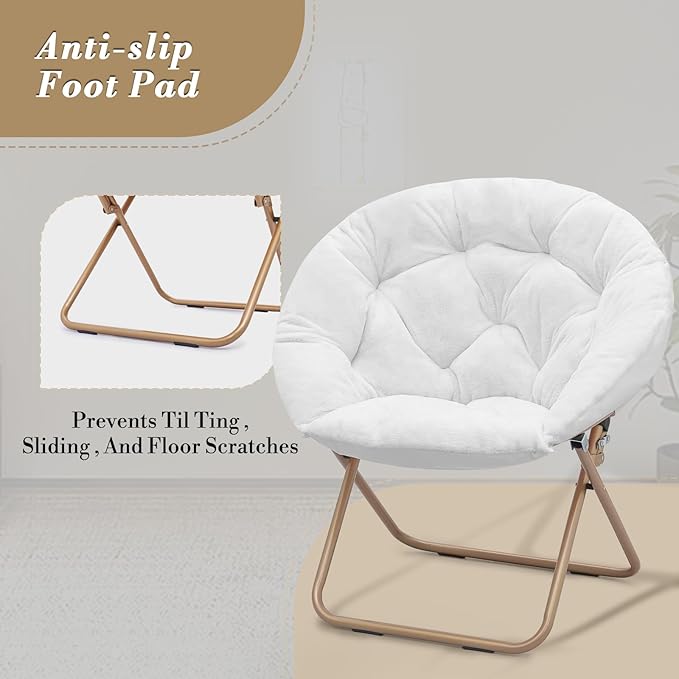 Athena Collection Modern White Faux Fur Saucer Chair with Ottoman, Foldable, Comfy Accent Chair for Bedroom, Living Room, Outdoor, 300lbs Weight Capacity