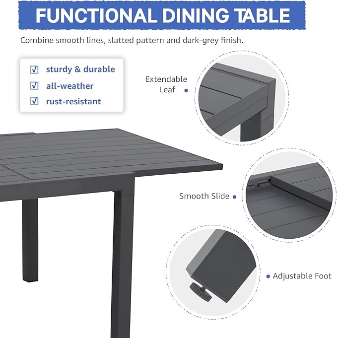 Soleil Jardin Aluminum Patio Extendable Dining Table, 35" - 71", Adjustable Indoor Outdoor Furniture Rectangle Table for 4-6 Person Porch Deck Garden,Dark-Grey