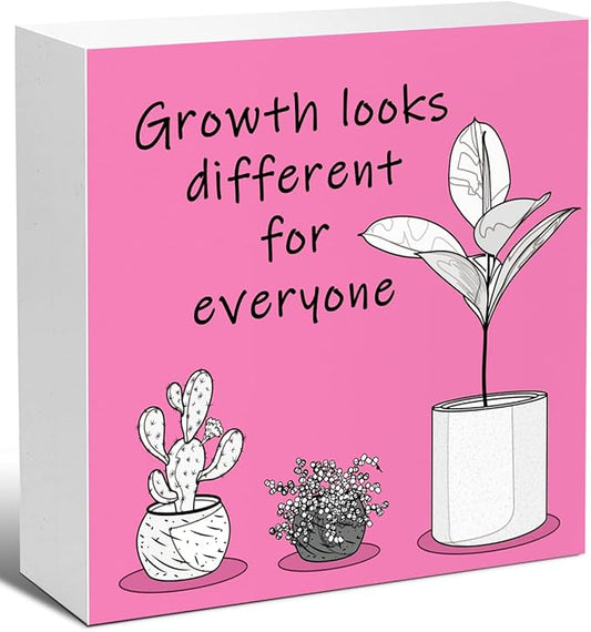 LVQHI Inspirational Wood Block Sign,Growth Looks Different for Everyone Plant Motivational Wooden Block Sign for Home Bedroom Office Desk Table Decor,Inspirational Cheer Up Gift for Coworker Red