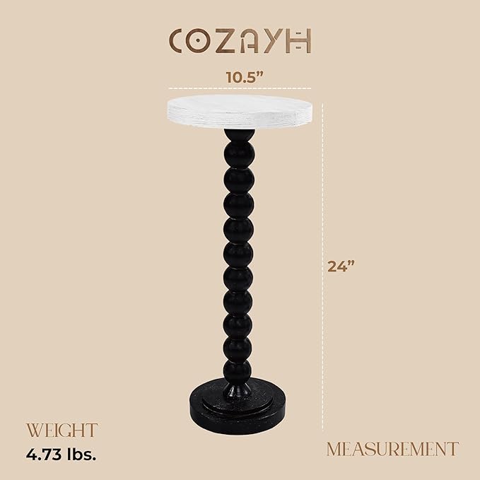COZAYH Small Pedestal End Table, Living Room Accent Side Table Display Stand, Drink Table with Wood Top & Distressed Metal Spindle Base, White & Black