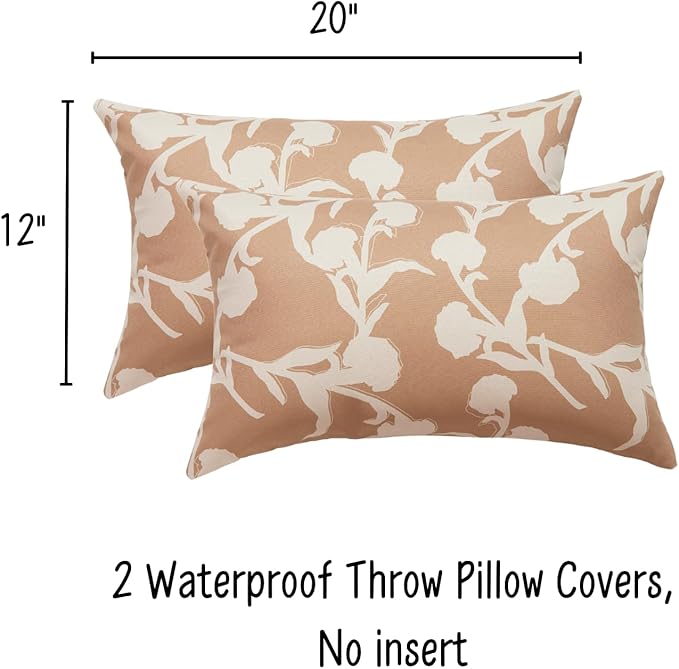 Mantle & Mason Floral Outdoor Lumbar Pillows Waterproof 12x20 for Patio Furniture Set of 2 Tan Decorative Pillow Covers for Couch Porch Chair Bench Reversable Chinoiserie Home Decor Pillow Cases