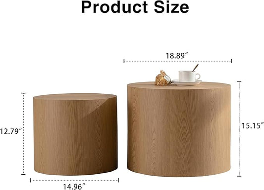 Nesting Coffee Table Set of 2, Modern Round Wooden Circle Accent Coffee Tables for Small Spaces Living Room Bedroom Balcony Office Drum Side Table