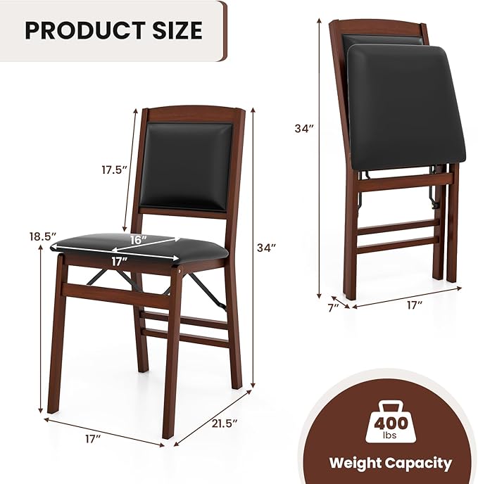 Folding Chairs Set 2, Wooden Foldable No Assembly Chair-Set with Padded Seats, Solid Wood Frame, 400 lbs Weight Capacity, Space Saving Dining Chairs for Small Space, Guests Kitchen (2, Padded Back)