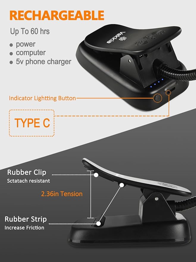 Vekkia Folding Music Stand Light - Portable 42 - Led Rechargeable, Super - Bright Clip - on Piano Lamp. Professional 5 Brightness×3 Color Temperature, for Grand Piano, Book Reading