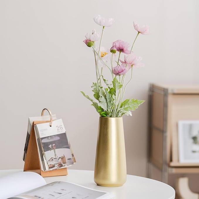 Light Gold Vase - 8" Big Gold Ceramic Flower vase for Home/Table/Accent Decor, Minimalist Modern Vases for Centerpieces, Room Decor, Living Room, Bedroom or Gift