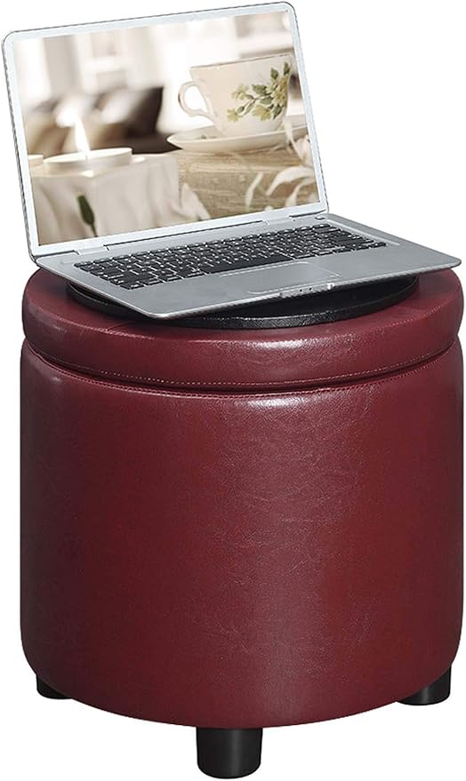 Convenience Concepts Designs4Comfort Round Accent Storage Ottoman in Burgundy Red Faux Leather Finish