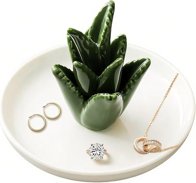 Aloe Ceramic Jewelry Tray, Ring Dish & Trinket Holder - Boho Room & Bathroom Decor for Women, Cute Desk Organizer - Gift for Her, Mom, Sister, Best Friend, Christmas, Birthday