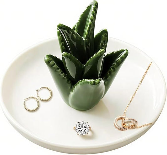 Aloe Ceramic Jewelry Tray, Ring Dish & Trinket Holder - Boho Room & Bathroom Decor for Women, Cute Desk Organizer - Gift for Her, Mom, Sister, Best Friend, Christmas, Birthday