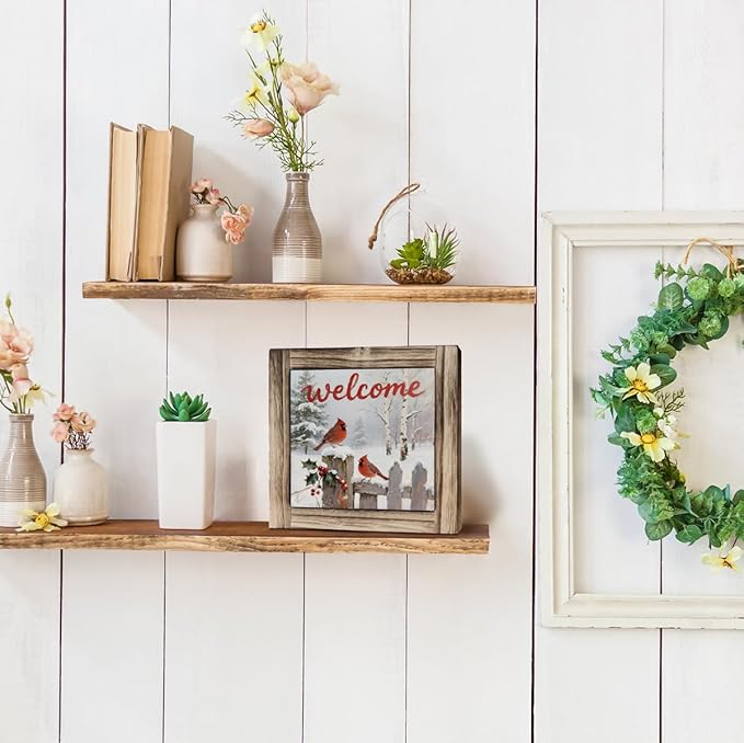 Christmas Welcome Sign, Cardinal Decors, Farmhouse Wooden Table Sign, Desk Decor Art, Winter Home Decor, Christmas Decoration for Home Office Cafe Bar Club, Front Door Porch Decors