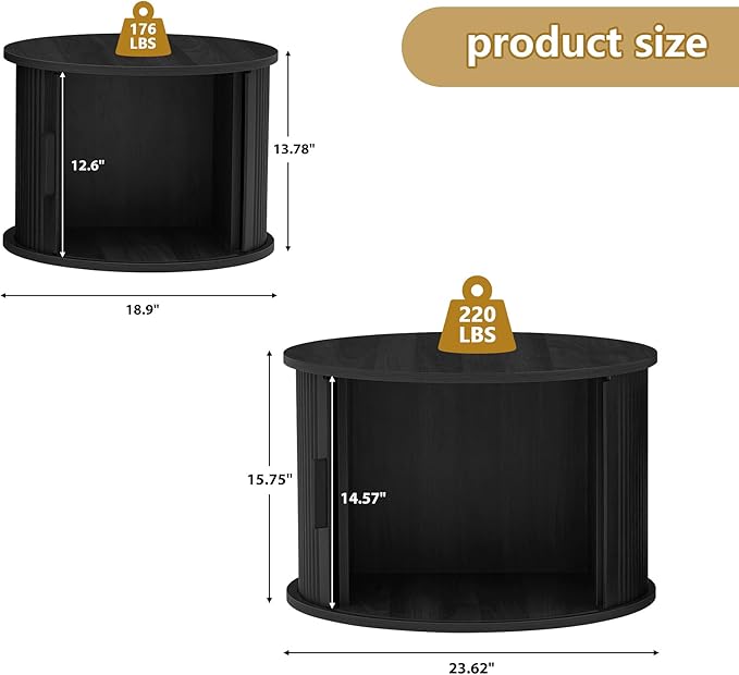 Round Coffee Table, 2 Piece Coffee Table Set with Storage Space and Sliding Door, Modern Fluted Coffee Side Table for Living Room, Office, Bedroom (Black)