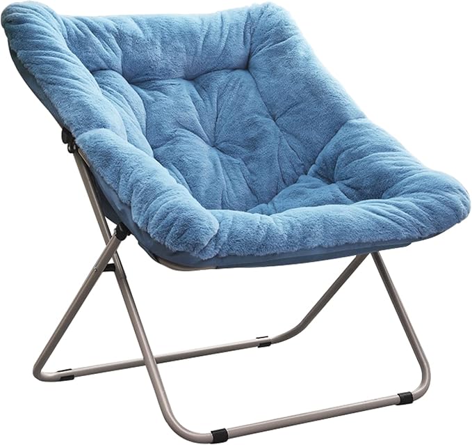 Saucer Chair, Comfy Bedroom Chairs, Oversized Folding Faux Fur Chair, Foldable Metal Frame Chair for Bedroom, Living Room, Balcony, Patio (Blue)