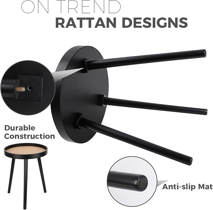 Rattan Round Side Table, Black Small Accent Table, Modern Boho Bedside Mid-Century Patio Side End Tables for Living Room Bedroom Office Balcony