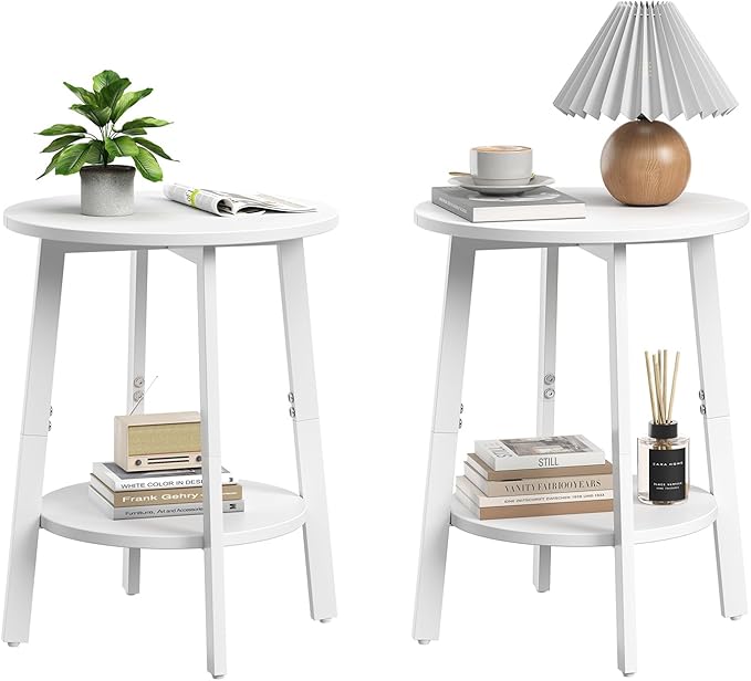 Side Table Set of 2, Small Round End Table with Storage Shelf for Small Space, 2-Tier Bedside Table, Nighstands Set of 2 Accent Table for Living Room, Bedroom, White