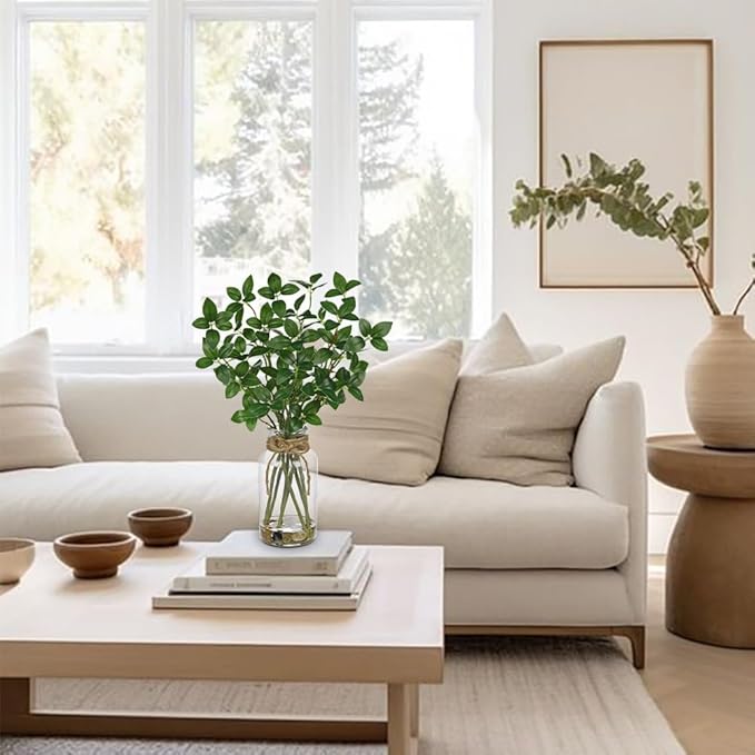 DILATATA Artificial Ficus Stems in Glass Vase with Faux Water and Real Stones 15" Fake Greenery Plant Ficus Leaves for Home Office Farmhouse Bathroom Bedroom Kitchen Table Centerpiece Decor