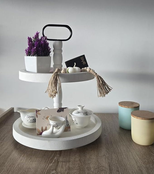 Rustic 2 Tiered Tray Decor, Coffee Color, Wooden Material, Round Shape