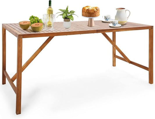 Tangkula Outdoor Rectangle Dining Table, Acacia Wood Table with 2 Inch Umbrella Hole, Spacious Slatted Tabletop for 6 Person, Indoor Outdoor Table for Backyard, Dining Room