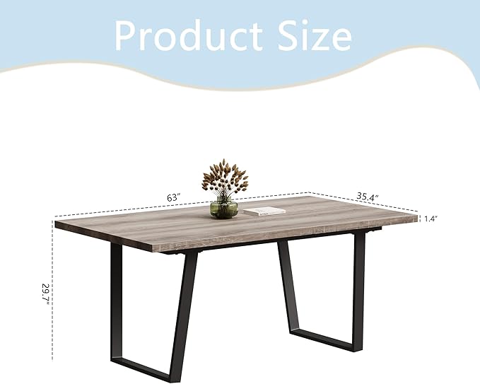 Modern Wooden Dining Table, 63'' Wooden Rectangle Table, Kitchen & Dining Room Table, Modern Kitchen Dining Table with Metal Legs for Living Room & Dining Room