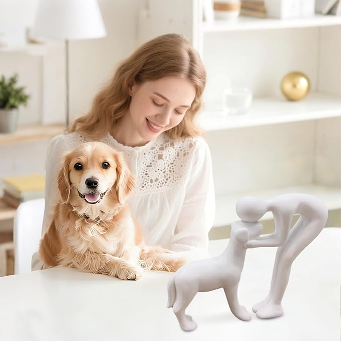 Dog Statues Home Decor Funny Man and Dog Sculpture Decorations for Home Bedroom Living Room Tabletop Bookshelf, Hand-Painted Resin Dogs Memorial Gifts Figurines for Pet Lovers, White
