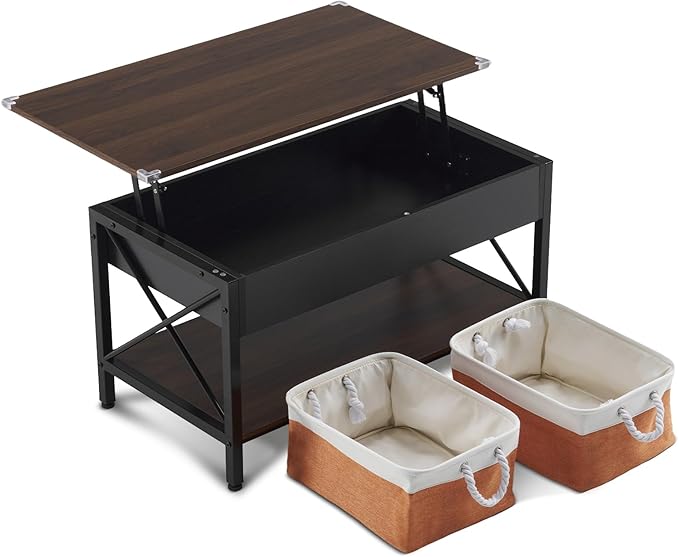 VINGLI 36" Lift Top Coffee Table with Storage, Rustic Espresso Coffee Table with Free Cloth Storage Bins for Living Room, Small Side Table for Small Space in Minimalistic Style, Espresso