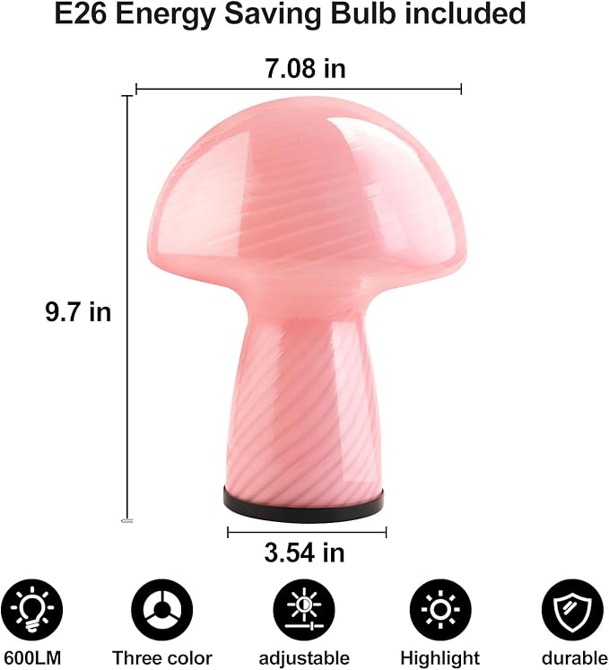 Dimmable Mushroom lamp,Pink Glass Mushroom Bedside Table Lamp Translucent Vintage Style Small Nightstand Desklamp for Home Decor, Dining, Living, Bedroom, Gift (Striped Pink)