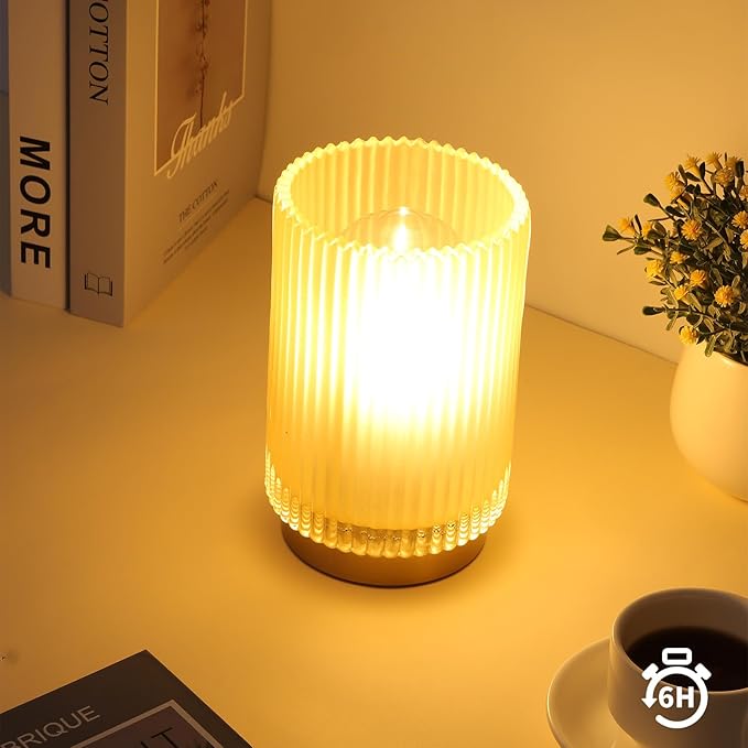 Battery Operated Lamp, Cordless Table Lamp with Timer, Desk Bedside Lamps with LED Warm Light, Glass Small Table Lamp for Bedroom, Bathroom, Living Room, Home Decor - Matte Amber
