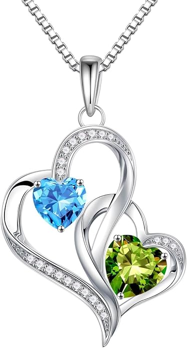Iefil Christmas Gifts for Women - Double Heart Birthstone Necklace, 925 Sterling Silver Heart Pendant Necklace, Anniversary Birthday Gifts for Women | Personalized Jewelry Gift for Wife Mom Girlfriend