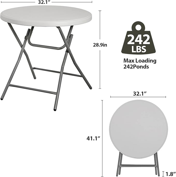 ZenStyle Folding Table, Indoor Outdoor Portable Plastic Dining Card Table Utility Bar Table for Camping Dining Wedding Event Party, White (Round, 32"x32")