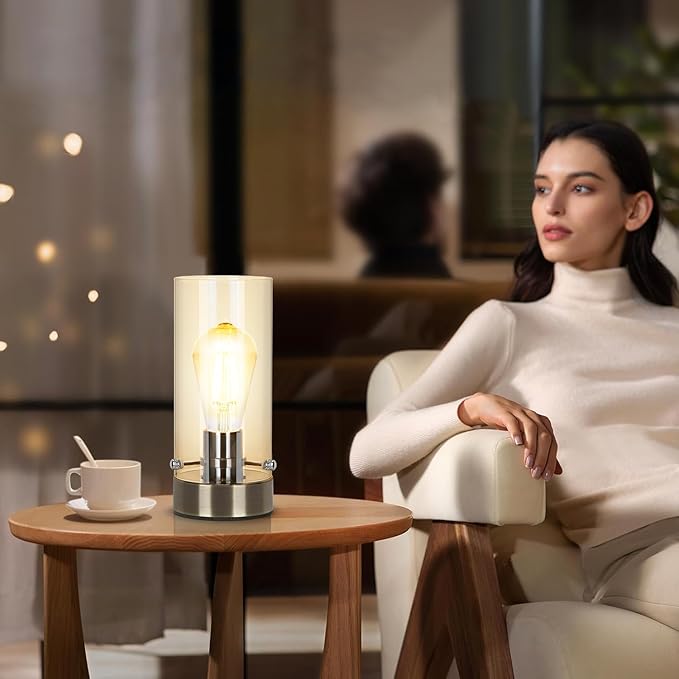 Bedside Nightstand Lampfor Bedroom Living Room, Modern Table Lamp Desk Lamp with Glass Lamp Shape, 2700K 6W Glass Bulb Included(Bronze).