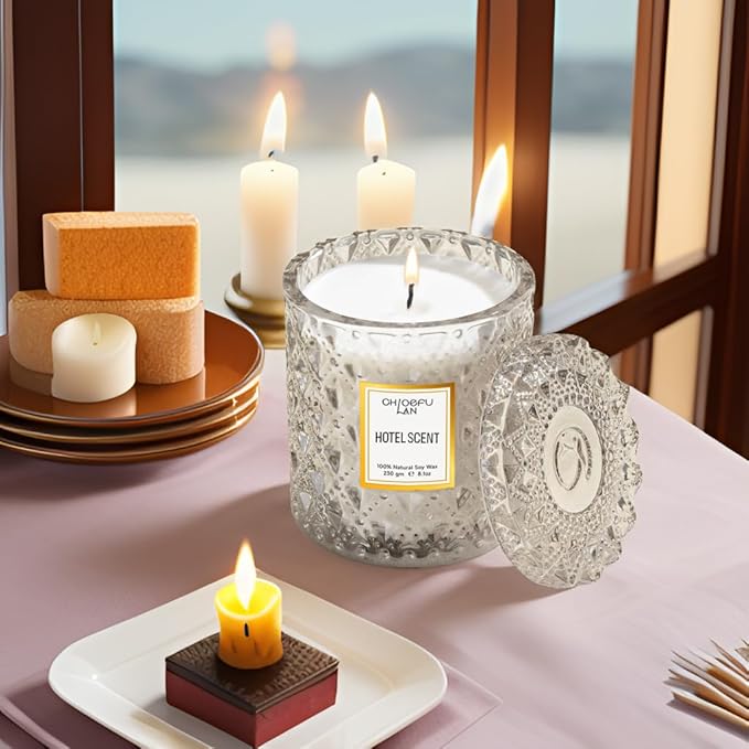 Chloefu LAN Hotel Scented Candle Natural Essential Oil, Luxury Scented Soy Jar Candle Gifts, Highly Scented, 8.1oz, Unique Blend to Promote Sleep & Relieve Stress