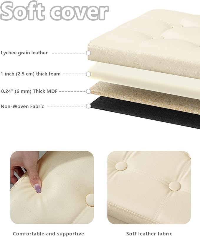 Storage Ottoman, Folding Foot Stool with Thicker Foam Padded Seat Small Leather Storage Ottoman Bench Foot Rest for Living Room Foldable Coffee Table 17x13x13in,Beige
