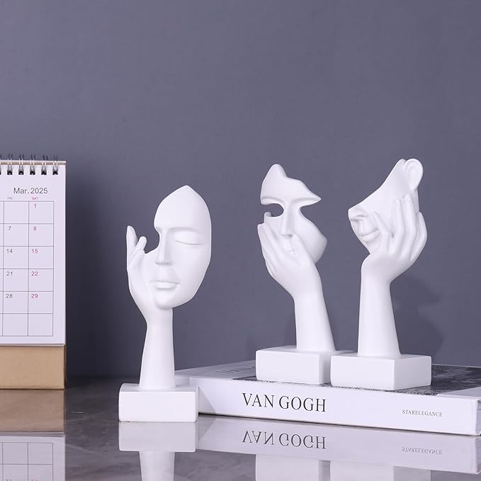 3 Pcs Thinker Small Statue Set - White Art Abstract Home Accent Figurines for Decor Woman Apartment Bookshelf Floating Shelf Coffee Table Office Desk Bathroom Counter Decor (3 Pcs White, 6")