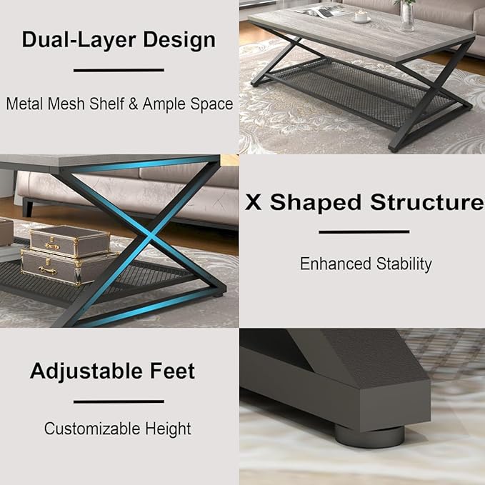 LVB Gray Coffee Table, Farmhouse Wood Metal Center Table with Storage for Living Room, Industrial Wooden 2 Tier Rectangle Cocktail Tea Table with Mesh Shelf for Office Bedroom, 47 inch, Light Grey Oak