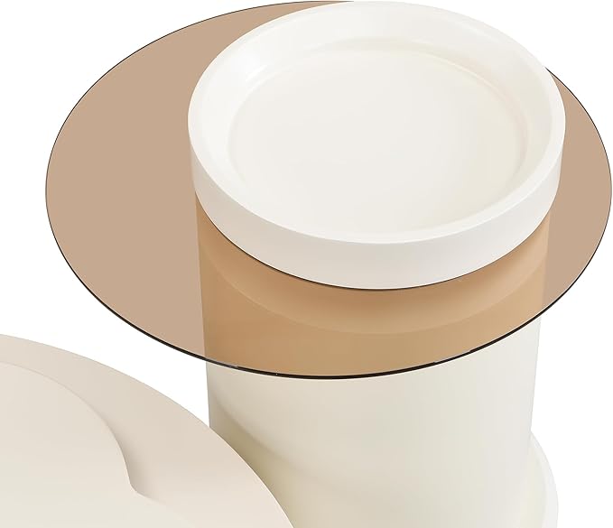 27.5" Modern Round Swivel Coffee Table Set of 2, 360° Rotating Flower-Shaped Center Table with 2 Drawers & Side Tables,MDF Frame Glass Top End Tables for Living Room,Milky White