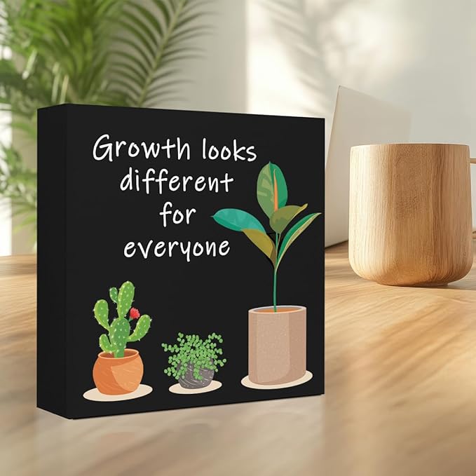 LVQHI Black Inspirational Wood Block Sign,Growth Looks Different for Everyone Plant Motivational Wooden Block Sign for Home Bedroom Office Desk Table Decor,Inspirational Cheer Up Gift for Coworker