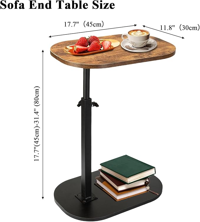 Side Table TV Tray for Couch,Height Adjustable 360° Swivel C Shaped End Table for Small Spaces,Bedside Bathroom Living Room (Vintage Brown)