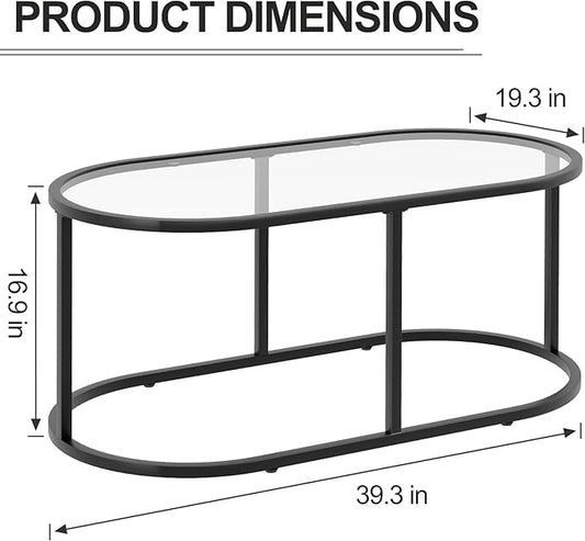 Coffee Table Black Glass Coffee Tables for Living Room, Oval Table Center Table with Sturdy Metal Frame,Modern Tempered Glass Accent Tables for Bedroom Home Office