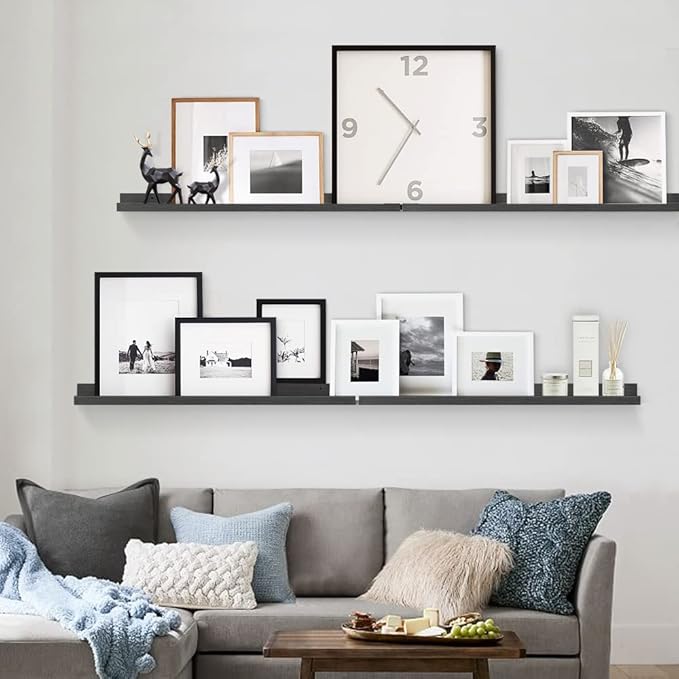 Forbena 36 Inch Photo Picture Ledge Shelf Set of 4, Black Floating Shelves with Lip for Wall, Narrow Long Wood Wall Shelf for Living Room Bedroom Office Classroom Library Books Album Frames Art Decor