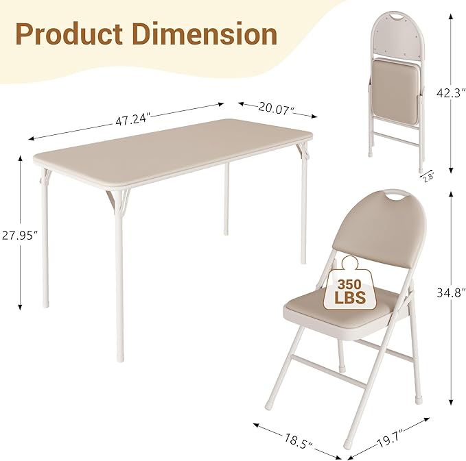 5-Piece Rectangle Folding Table and Chairs Set, Foldable Portable Card Table and Chairs, Scratch & Stain Resistant Tabletop, for Dining Room, Living Room, Office, Camping, Gatherings, Beige