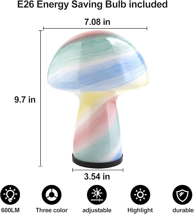 Dimmable Mushroom lamp,Glass Mushroom Bedside Table Lamp Translucent Vintage Style Small Nightstand Desklamp Light for Home Decor, Dining, Living, Bedroom, Gift.（Rainbow Color）