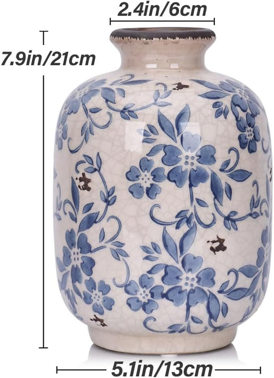 Chinoiserie Vase - 7.9" Tall Chinoiserie Decor Ice Crackle Vintage Blue and White Floral Vase, Farmhouse Country Home Decor, Living Room, Dining Table, Fireplace and Entryway Decor Centerpieces