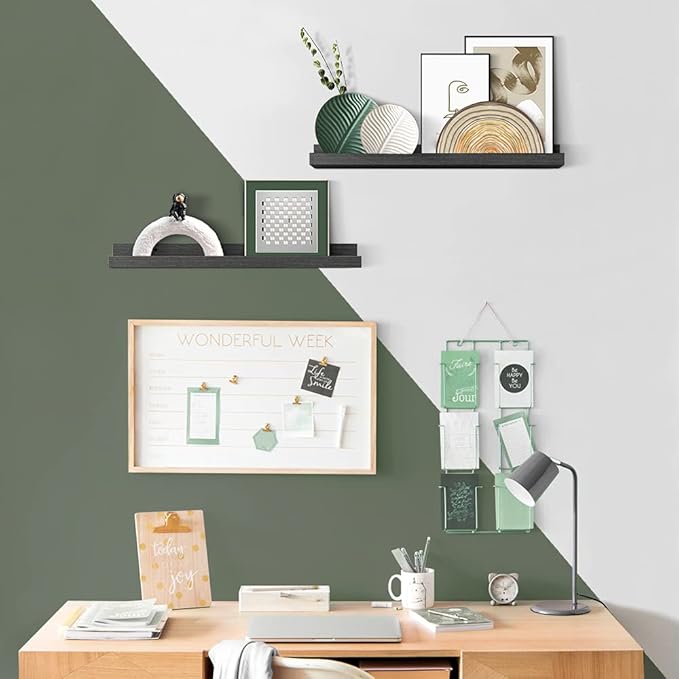 Forbena 24 Inch Long Picture Ledge Shelf Set of 4, Black Wood Floating Shelves with Lip for Wall, Rustic Display Shelves for Living Room Bedroom Bathroom Office Photo Frames Plants Books Art Decor