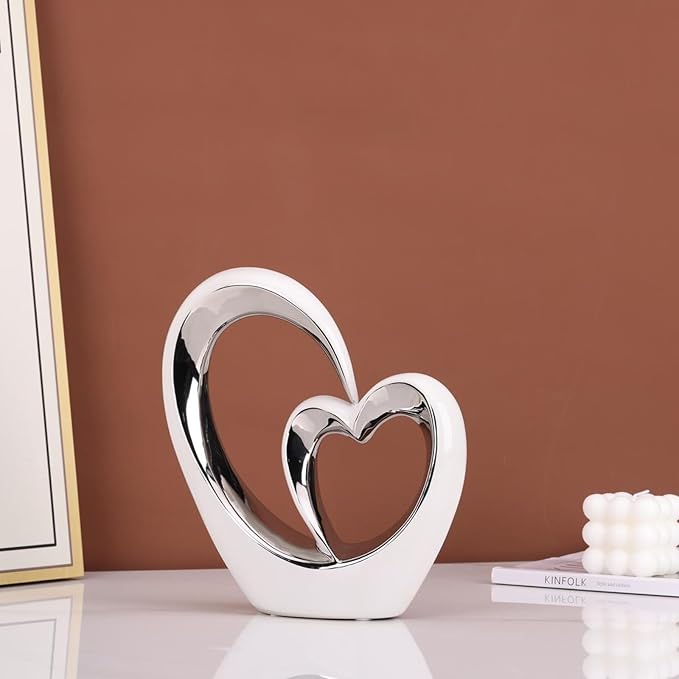 LCCCK Porcelain Double Heart Decor,White and Silver Sculpture Home Decor for Living Room Entryway Coffee Dining Table Shelves, Wedding Anniversary, Valentine's Gift for Couples & Lovers Modern