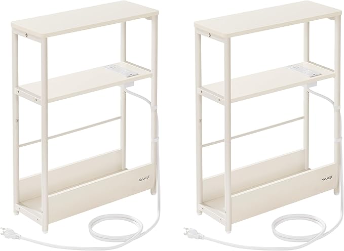 VASAGLE Side Tables with Charging Station, Set of 2 Narrow End Tables, 3-Tier Nightstands, Sofa Tables for Small Spaces, for Living Room, Bedroom, Study, Cream White ULCT664W01