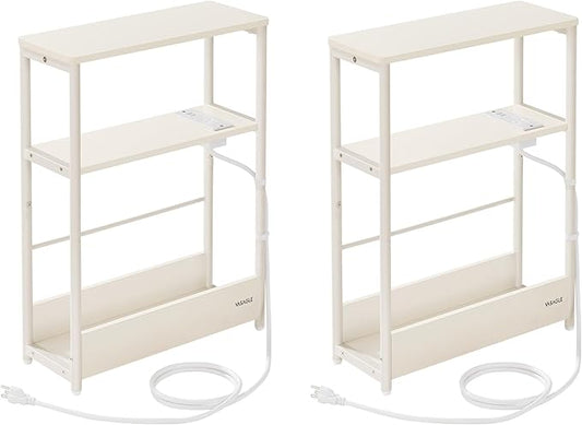 VASAGLE Side Tables with Charging Station, Set of 2 Narrow End Tables, 3-Tier Nightstands, Sofa Tables for Small Spaces, for Living Room, Bedroom, Study, Cream White ULCT664W01